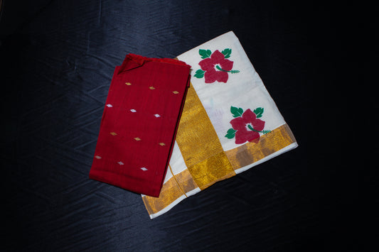 Floral Printed Kerala Saree - With blouse