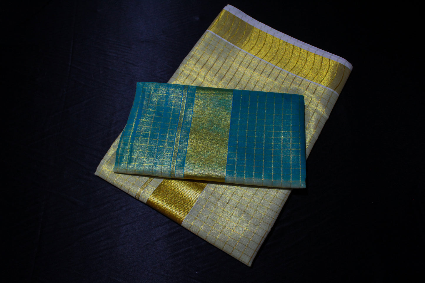 Blue and Gold Checkered Kerala Saree with Blouse