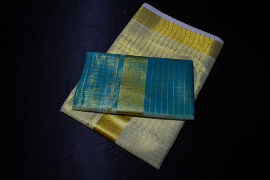 Blue and Gold Checkered Kerala Saree with Blouse