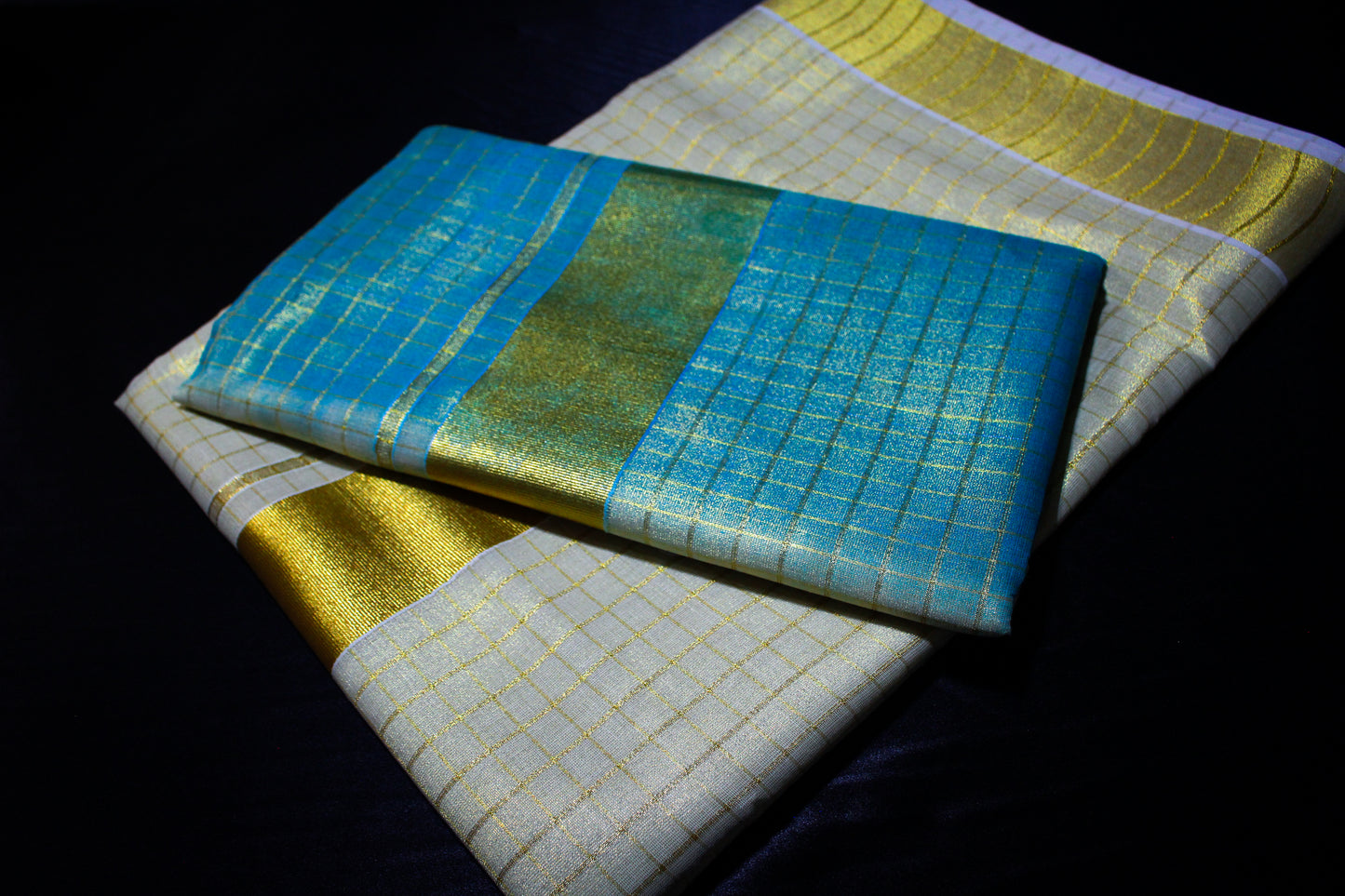 Blue and Gold Checkered Kerala Saree with Blouse
