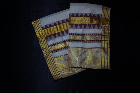 Maroon and Gold Kerala Saree with Blouse