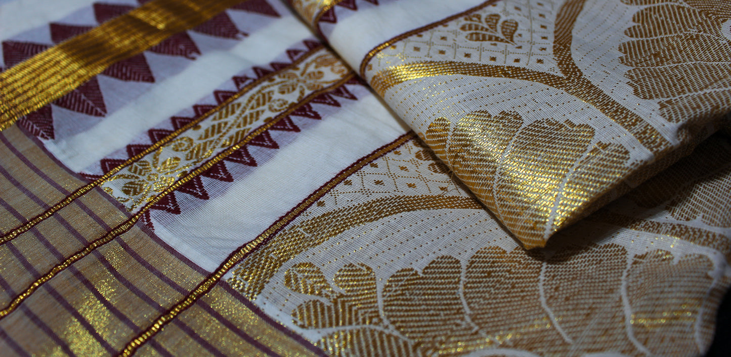 Maroon and Gold Kerala Saree with Blouse