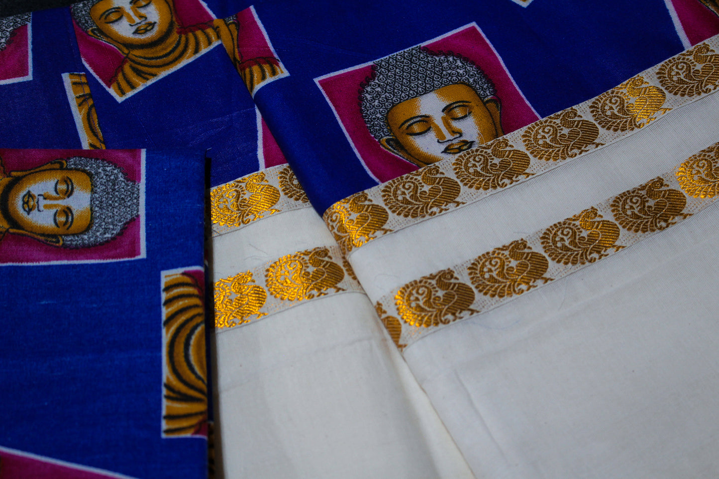 Blue and Pink Boudha Kerala Saree