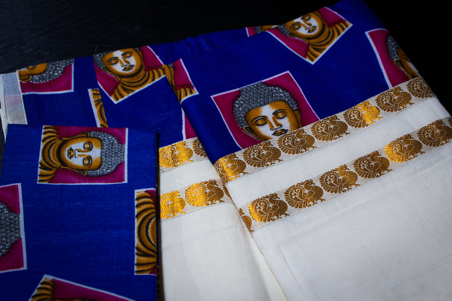 Blue and Pink Boudha Kerala Saree