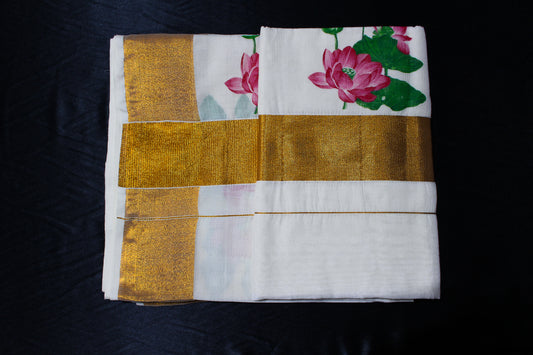 Lotus Printed Kerala Saree with Blouse