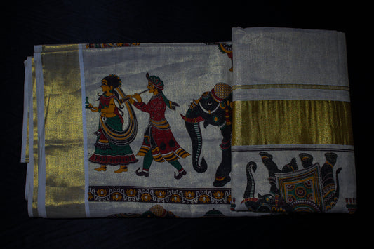 Tribal Printed Gold Tissue Kerala Saree