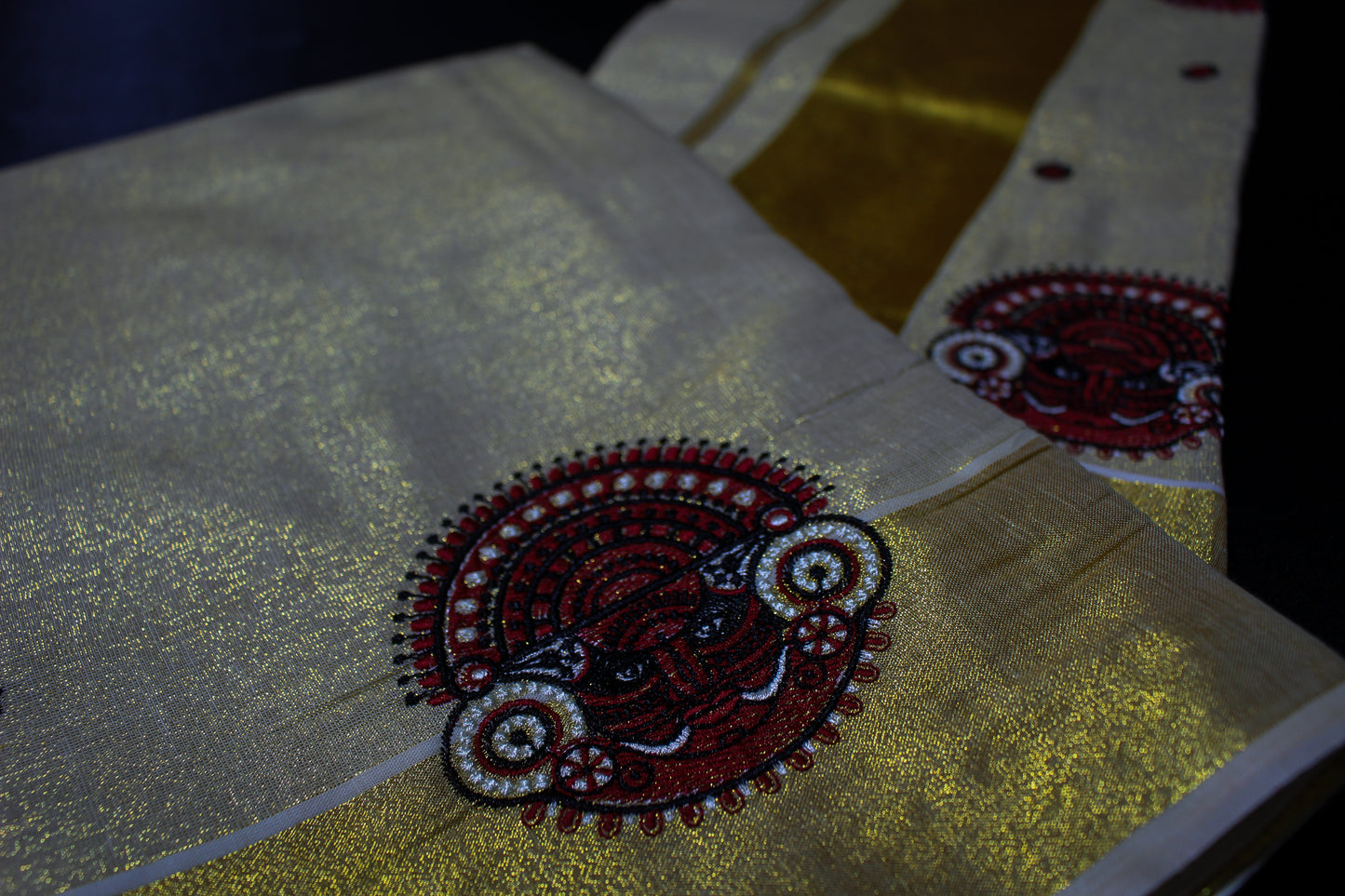 Embroidered Theyyam Kerala Gold Saree