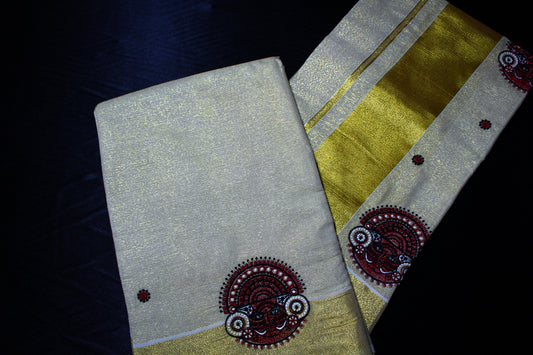 Embroidered Theyyam Kerala Gold Saree