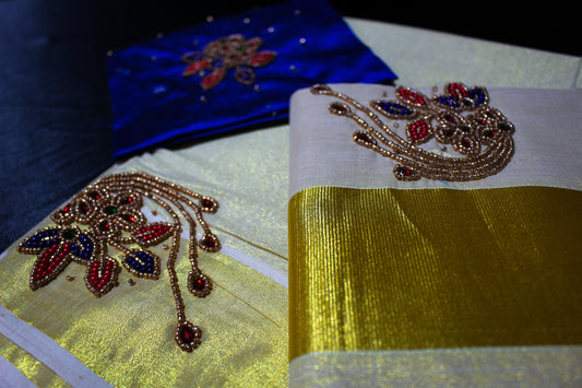 Embroidered Kerala Peacock Settu Mundu