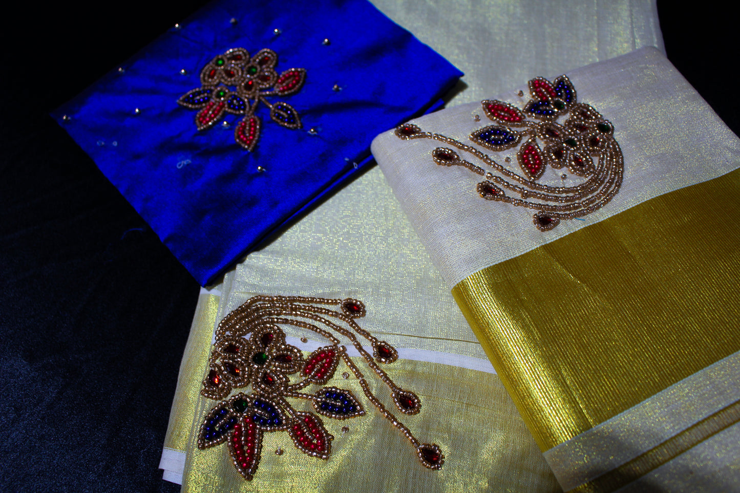 Embroidered Kerala Peacock Settu Mundu