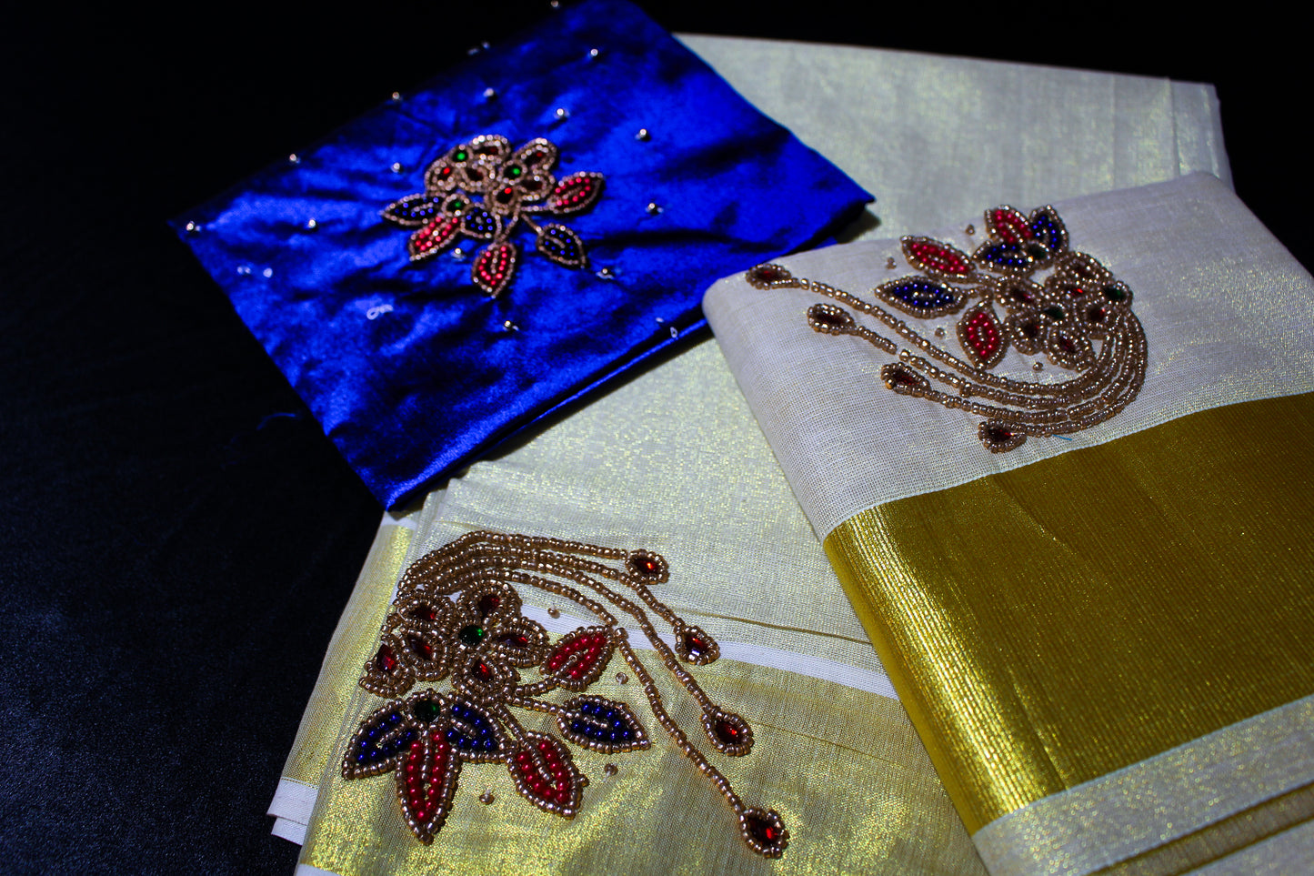 Embroidered Kerala Peacock Settu Mundu