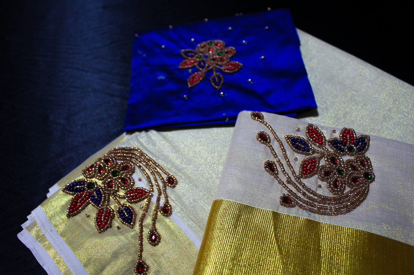 Embroidered Kerala Peacock Settu Mundu