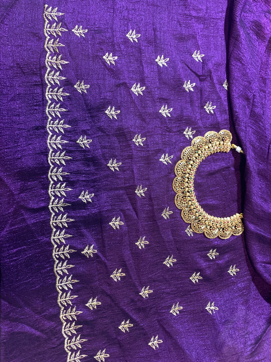 Purple Vichitra Silk saree with unstitched blouse-Purple