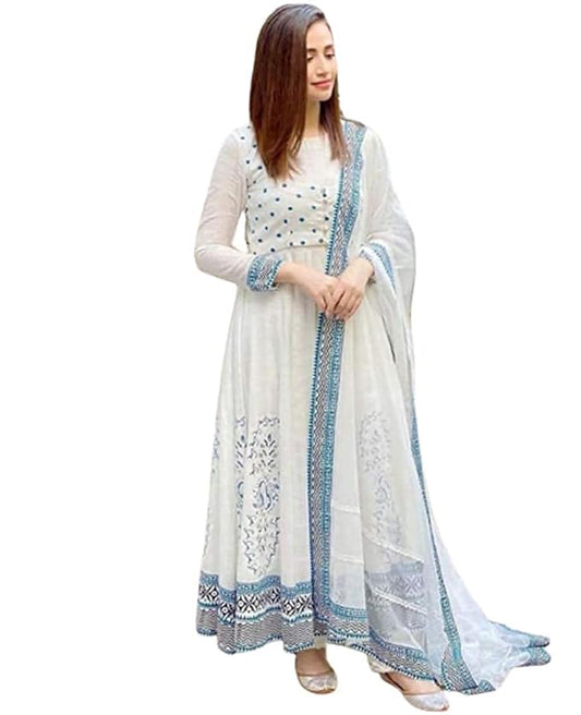 White  and blue cotton anarkali -XL