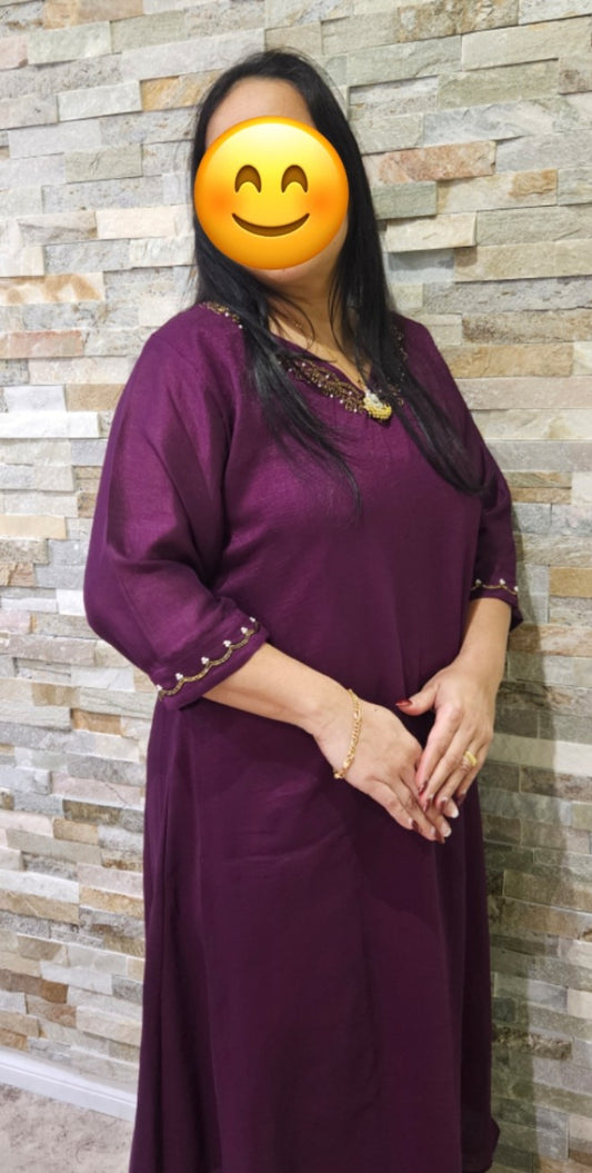 A line kurti  with neck and sleeve bead work -Dark purple