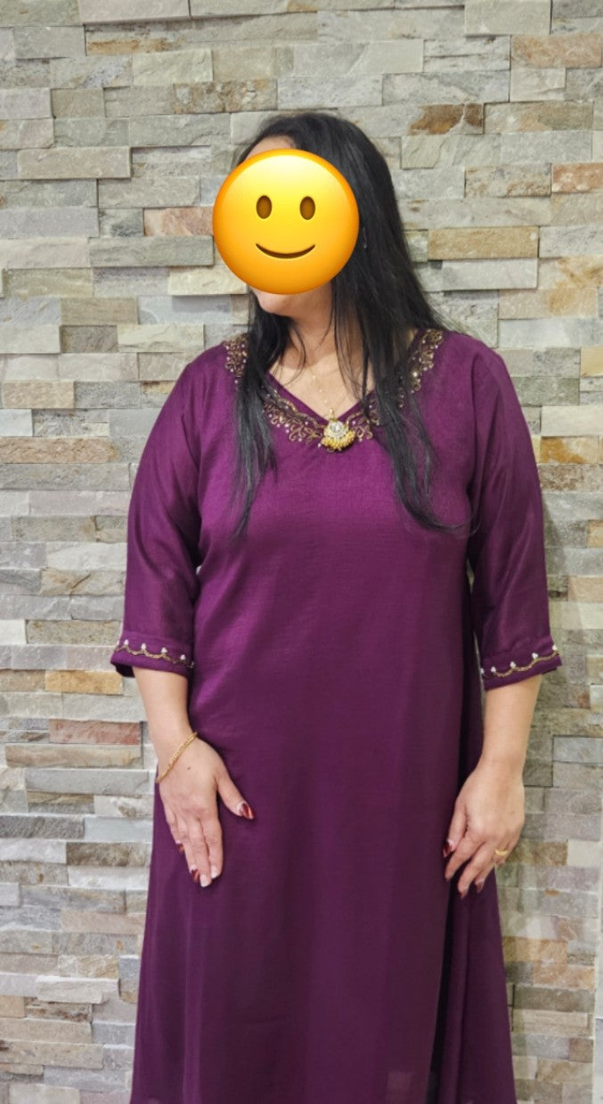 A line kurti  with neck and sleeve bead work -Dark purple