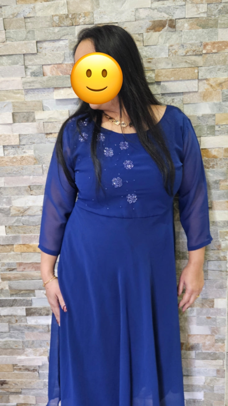 A line gown with neck and yoke handwork with -Royal blue