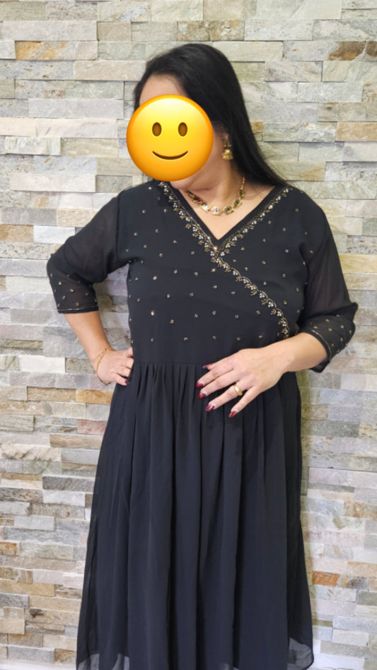 Front pleated Black A line gown with yoke and neck work with antique  gold beadsgold cut beads