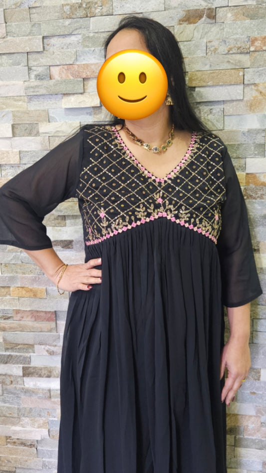 Front pleated neck and yoke hand work embroidery and antique gold bead work