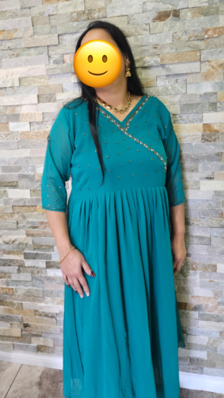 Georgette Front pleated A line frock kurti with antique gold bead work-sea green