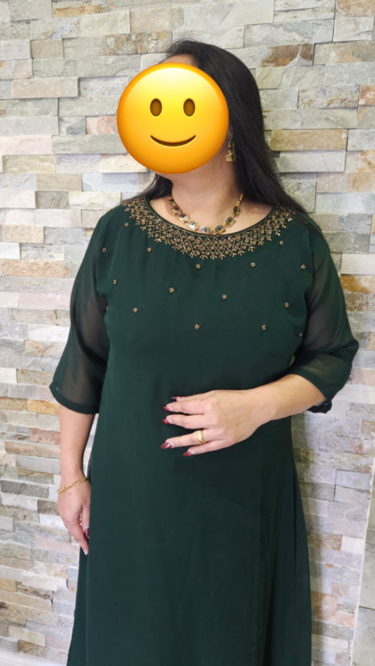 Georgette A-line kurta-Bottle green