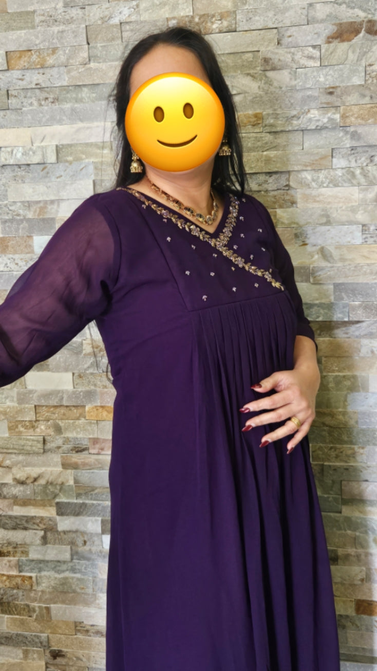 A line front pleated georgette kurta- Dark purple