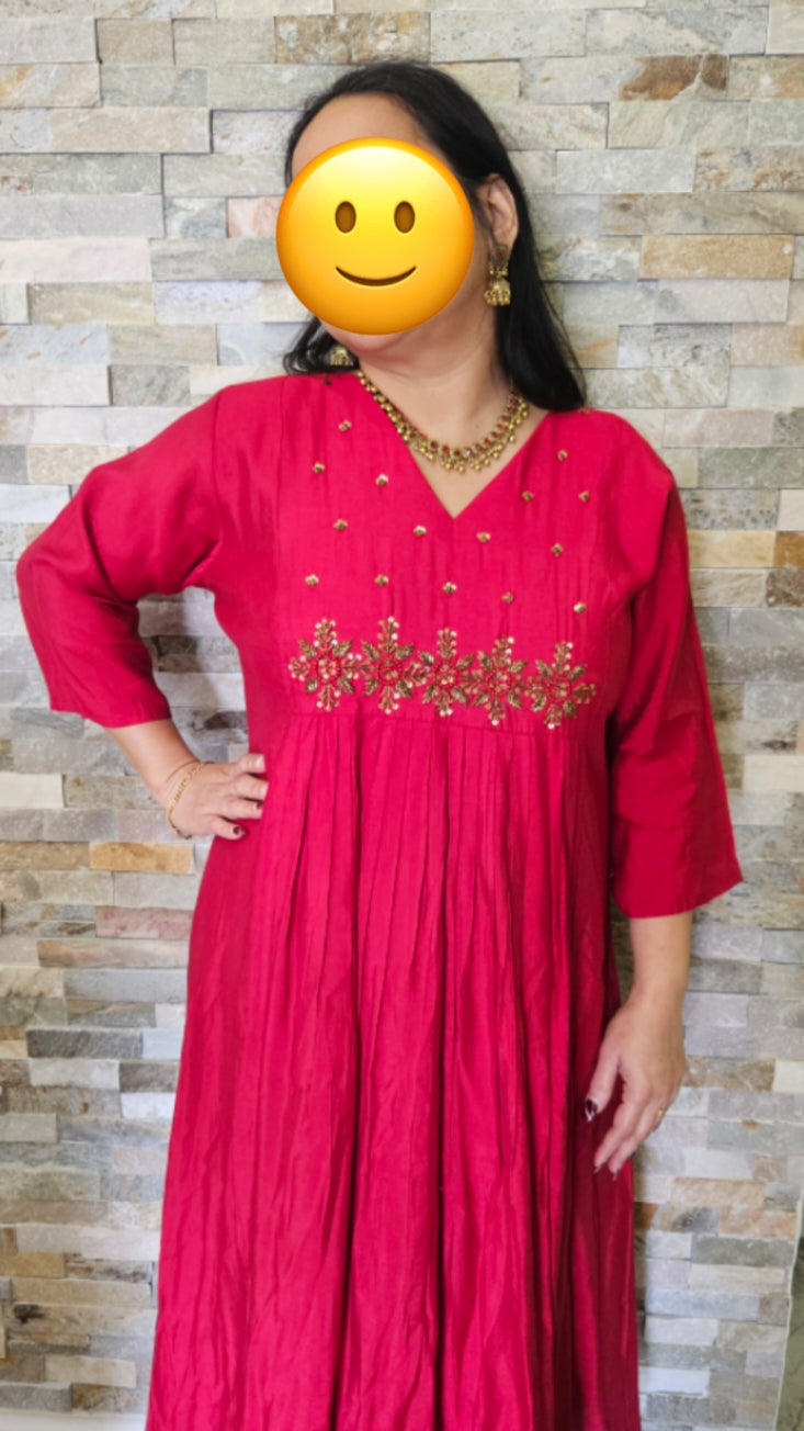 Cotton silk A line kurti with front pleated yoke  with antique gold beads work