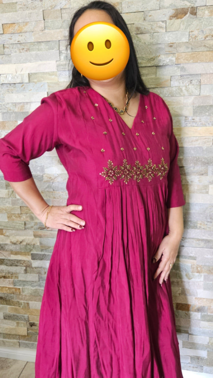 Front pleated neck and sleeve handworked frock-Maroon