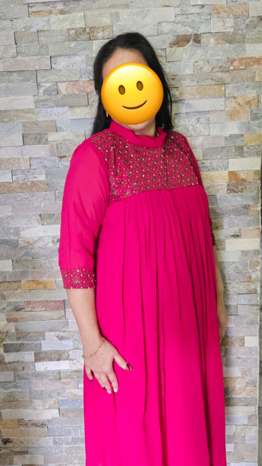 Front pleated dress in high neck pattern-rani pink