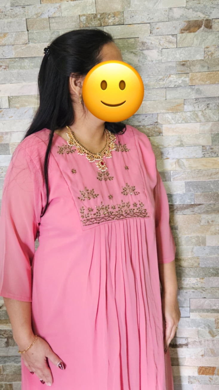 Front yoke pleated kurti/frock-pink
