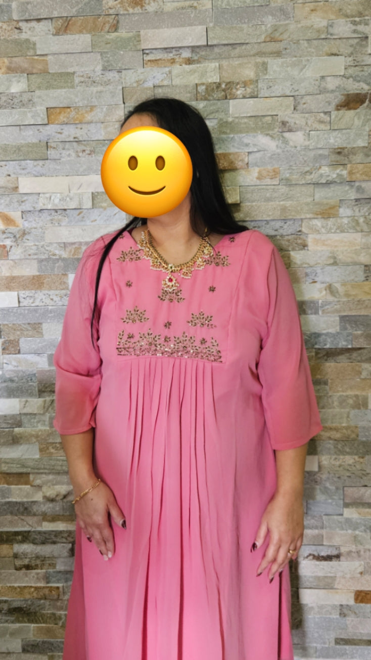 Front yoke pleated kurti/frock-pink