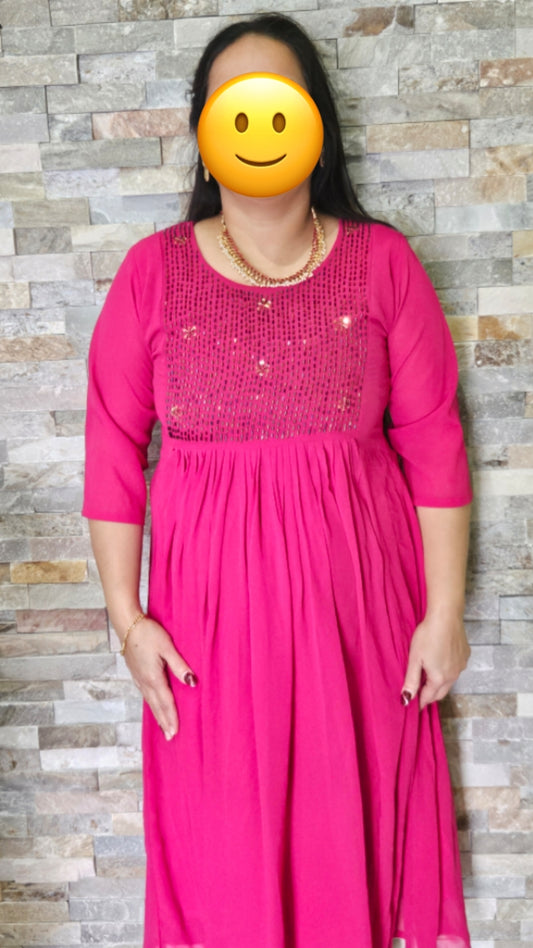Georgette Front pleated  A line frock-Rani pink