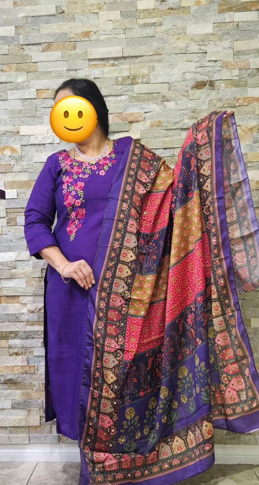 Suit set with top, Bottom and Duppatta-Purple