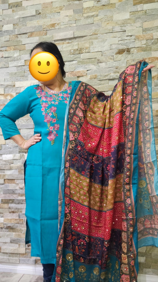 suit set with pant, top and duppatta- Sea green colour