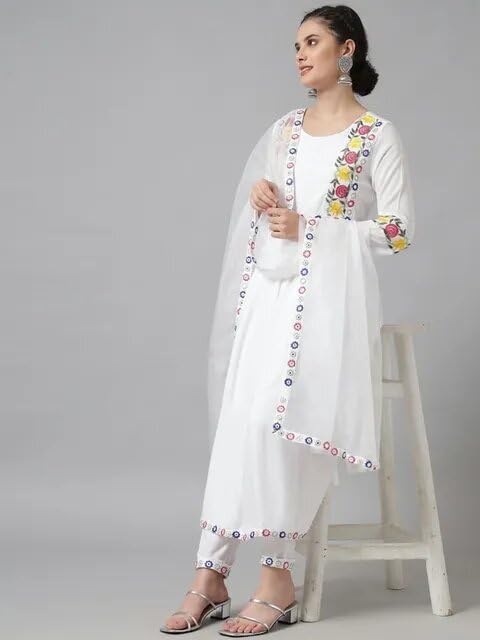 Women's Micro Malay Embroidered Straight Kurti Palazzo Pants Set with Dupatta.