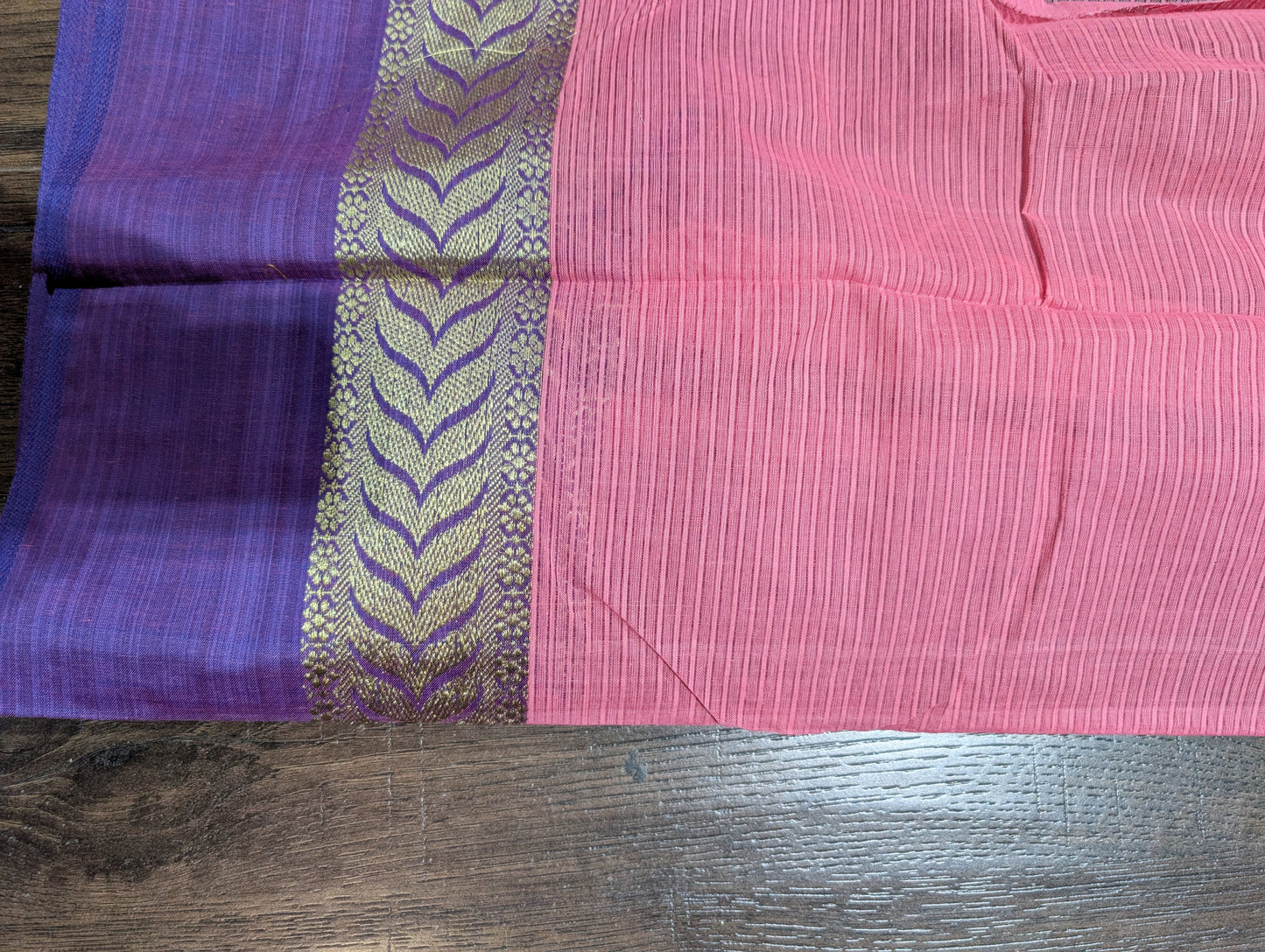 Pink cotton saree with purple borders