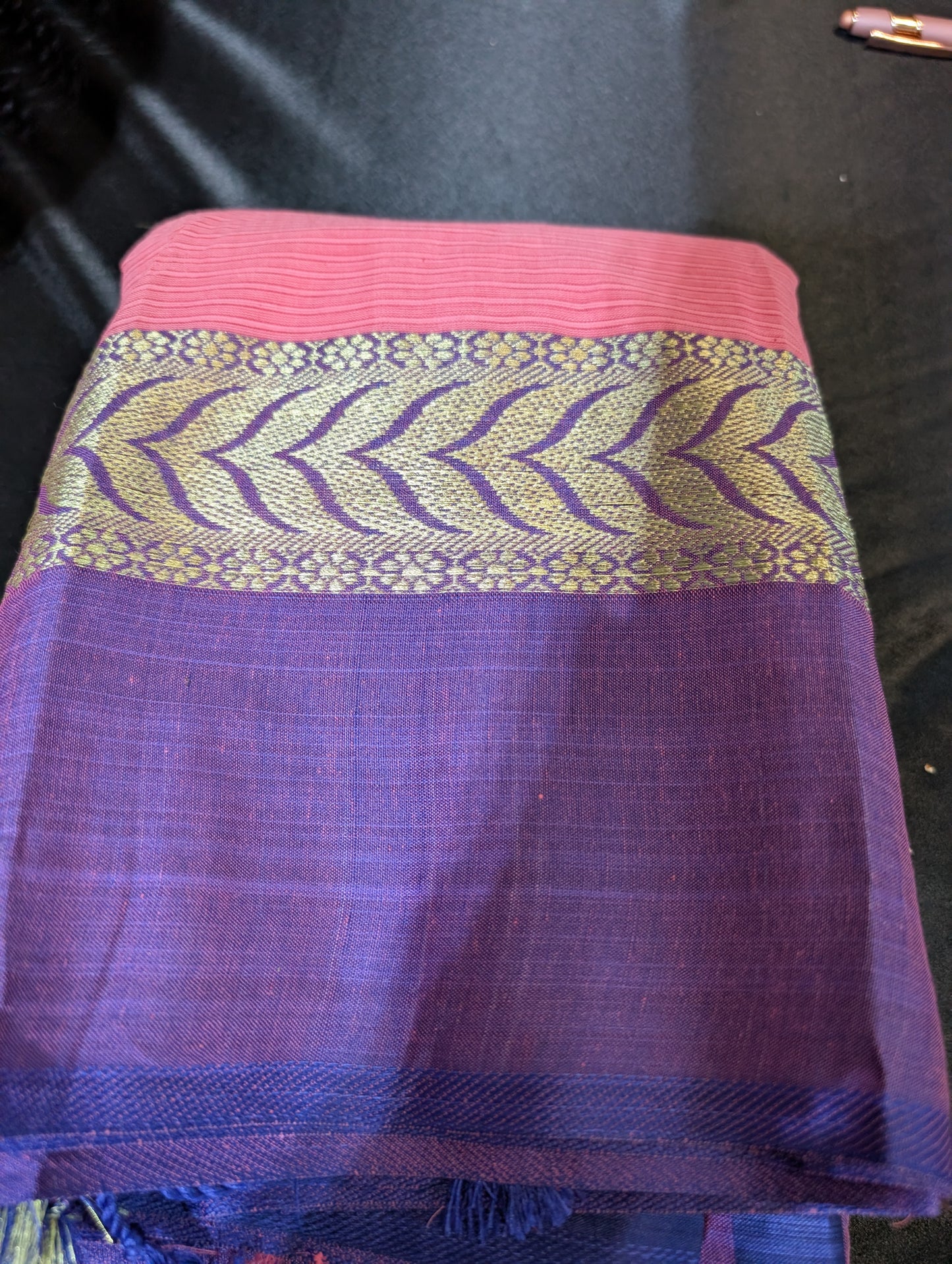 Pink cotton saree with purple borders