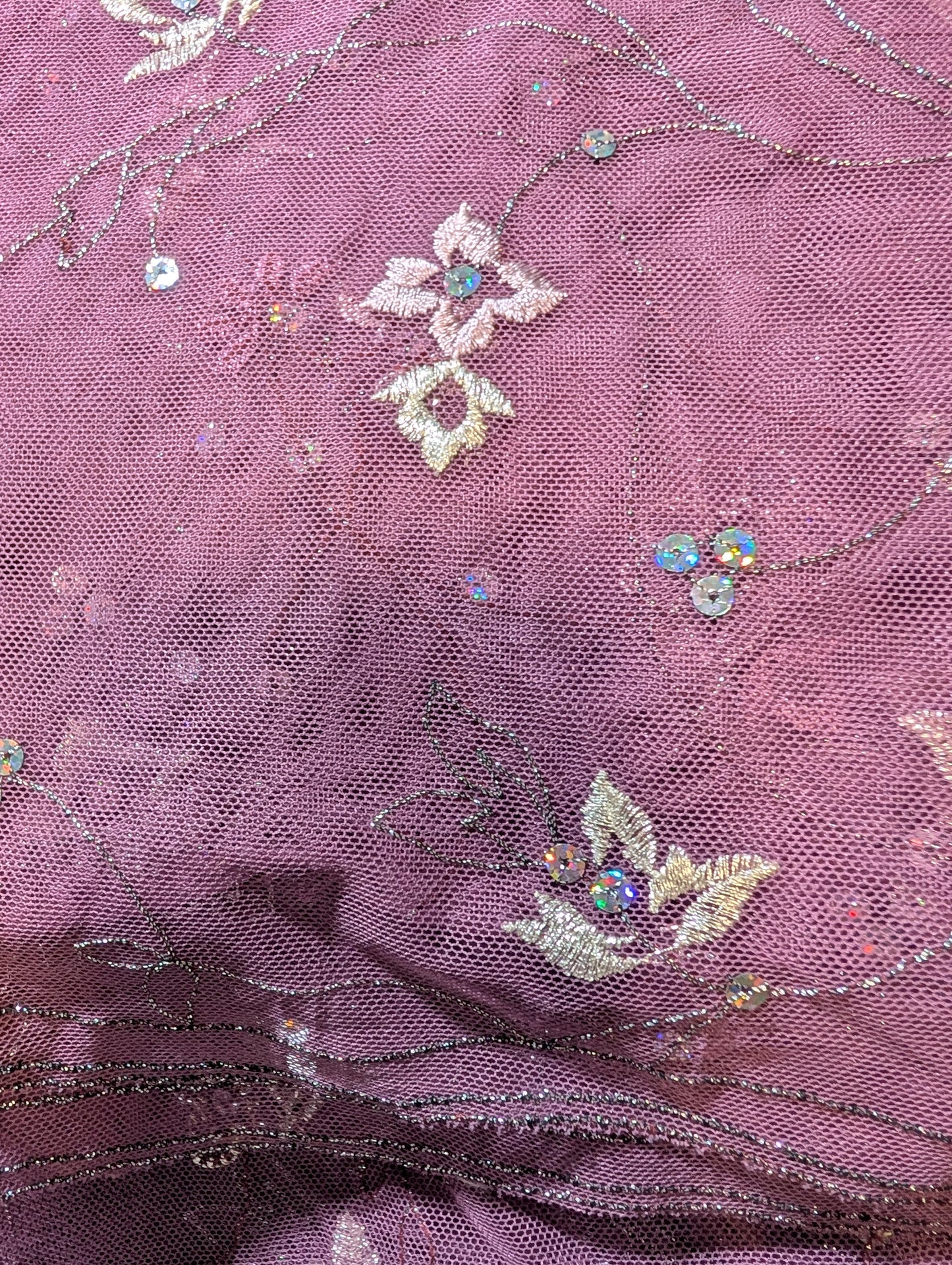 Onion pink net saree with silver sequence and embroidery work