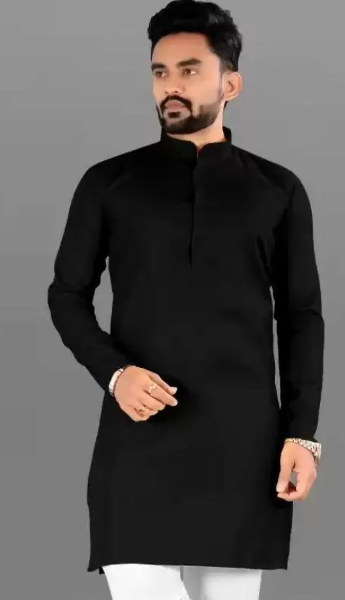 Men Solid Pure Cotton Straight Kurta  (Black)