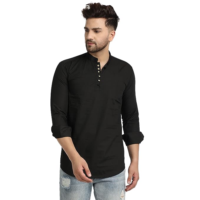 Man Cotton Solid Casual Short kurta-Black