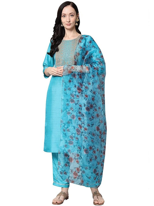 Women's Embroidered Silk Blend Kurta Pant and Dupatta Set