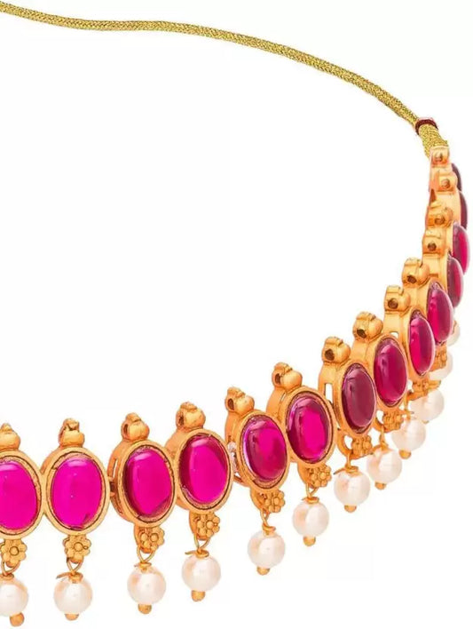 Copper gold plated jewel set with ruby red stones and white pearls