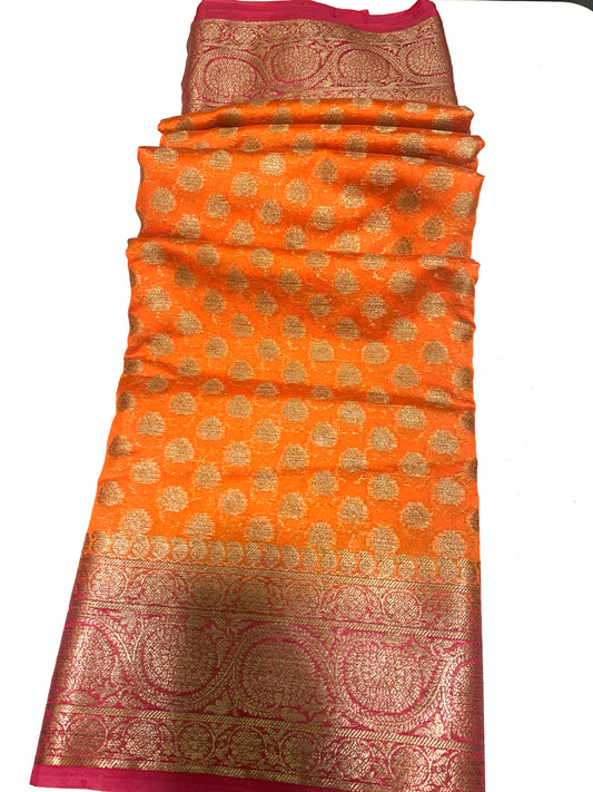 Orange pink chiffon silk saree(unstitched blouse)