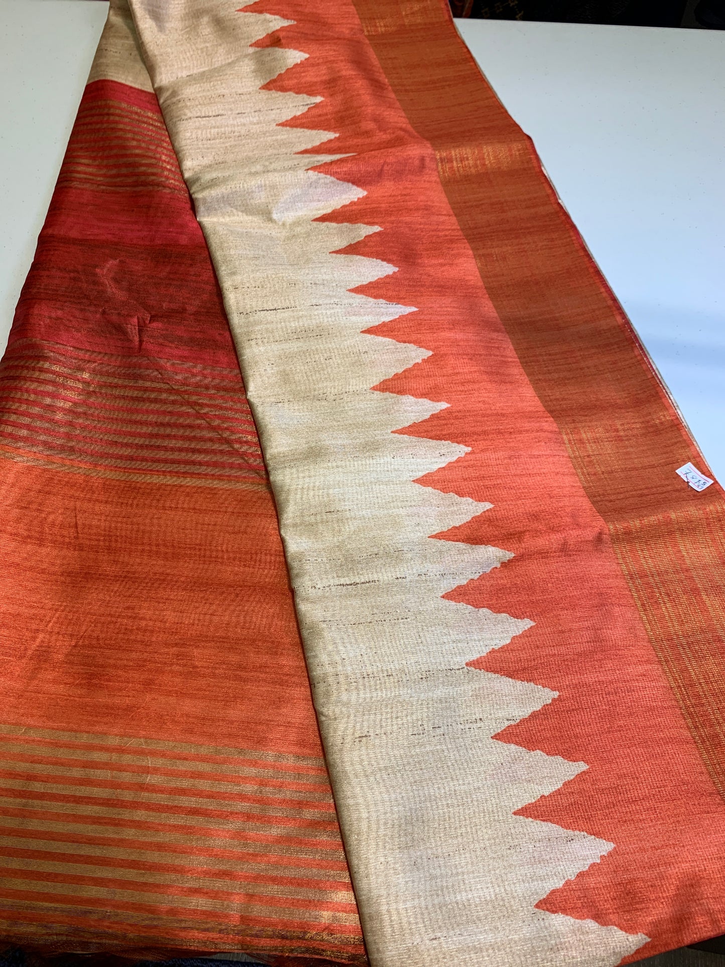 Golden orange and red shaded semi tussar saree- unstitched blouse