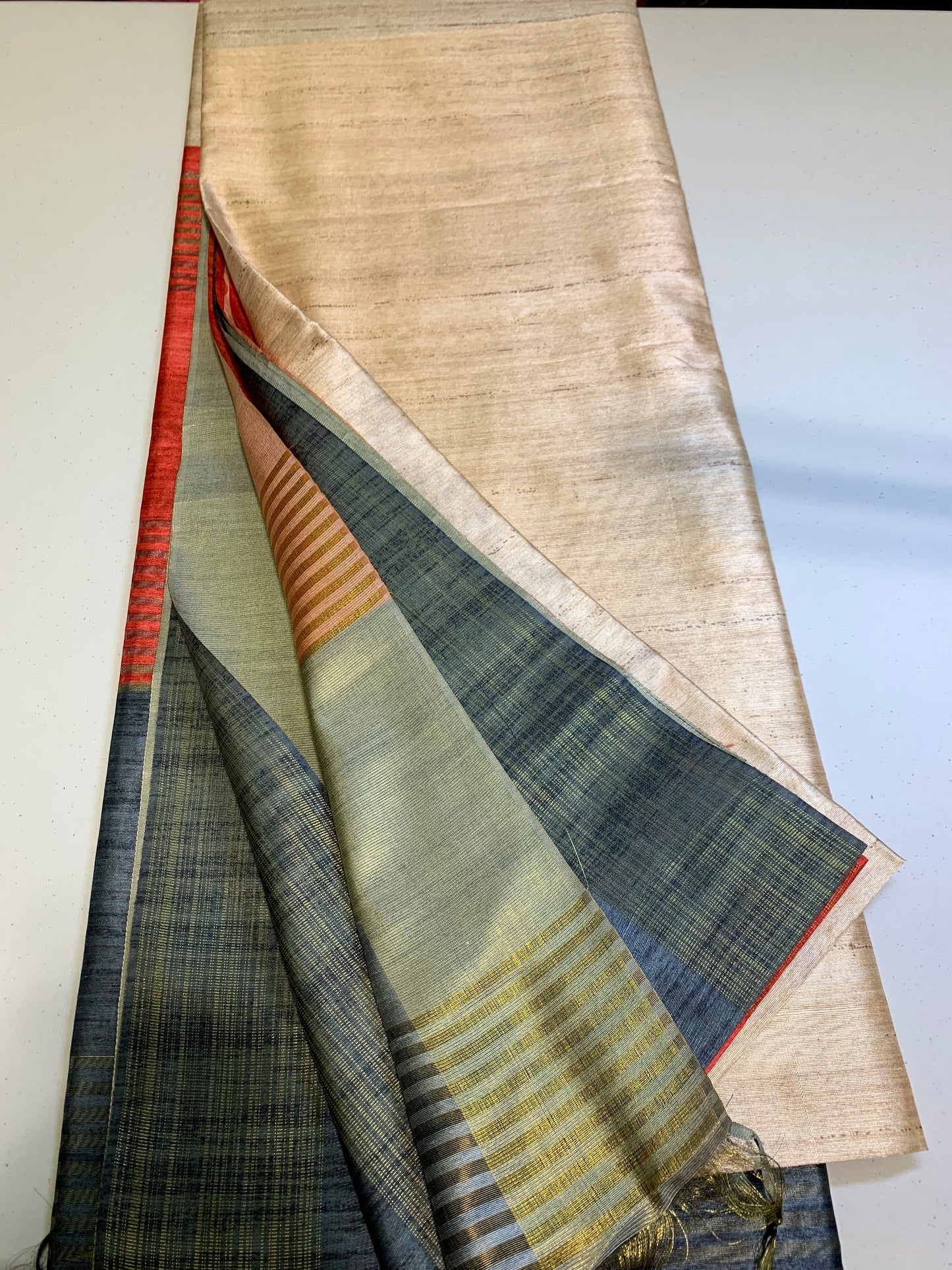 Golden blue and red contrast semi tussar saree- unstitched blouse