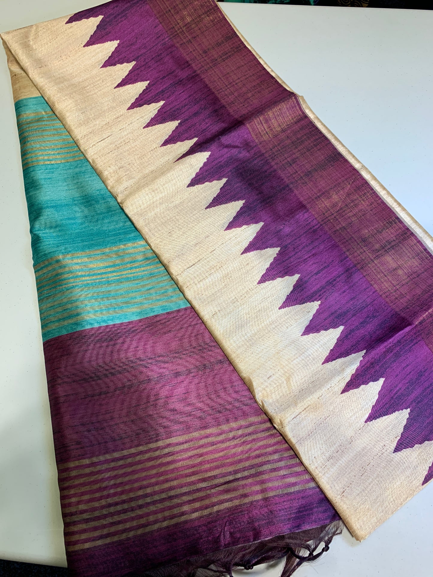 Golden green and purple contrast semi tussar saree-unstitched blouse