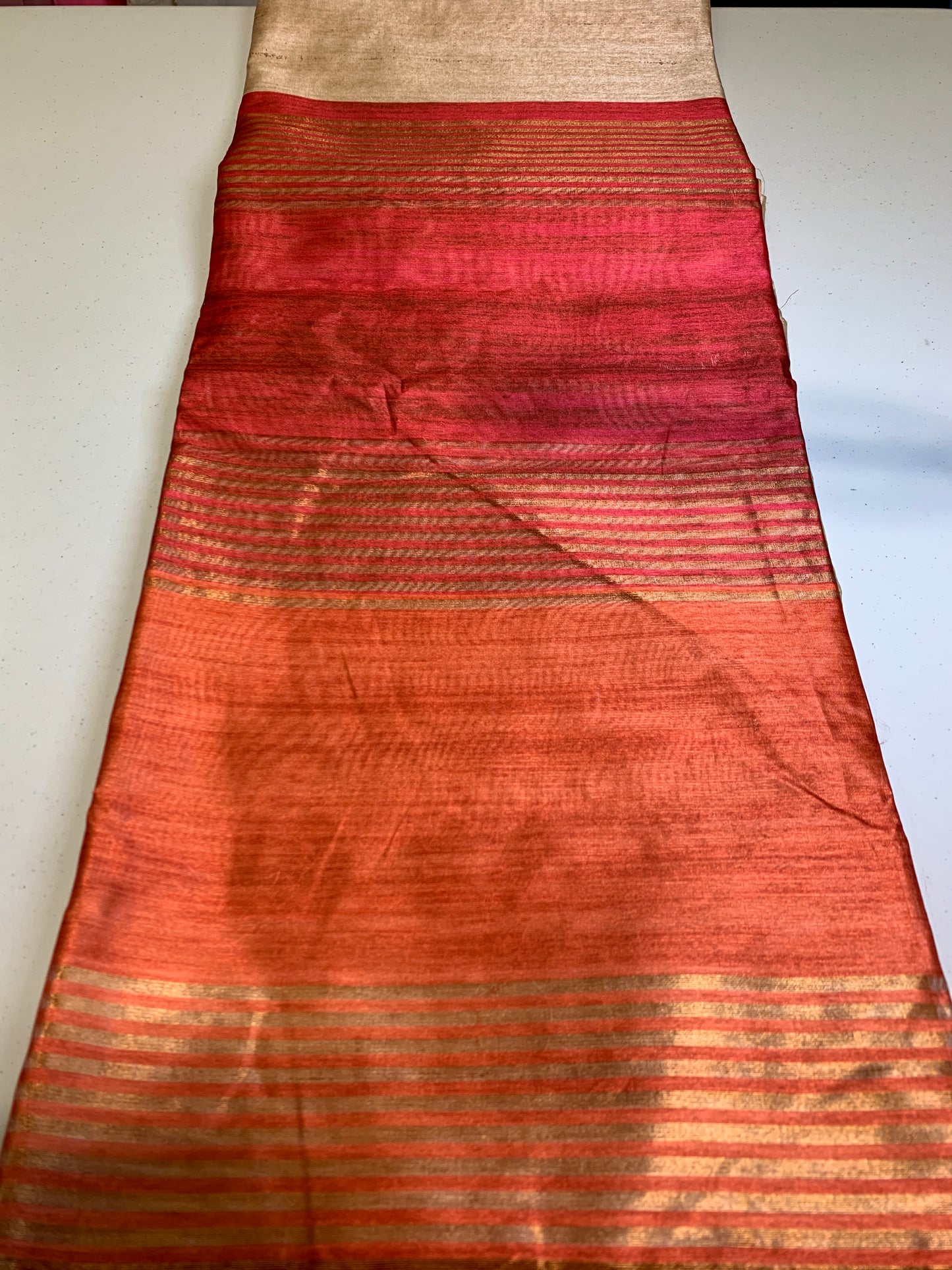 Golden orange and red shaded semi tussar saree- unstitched blouse