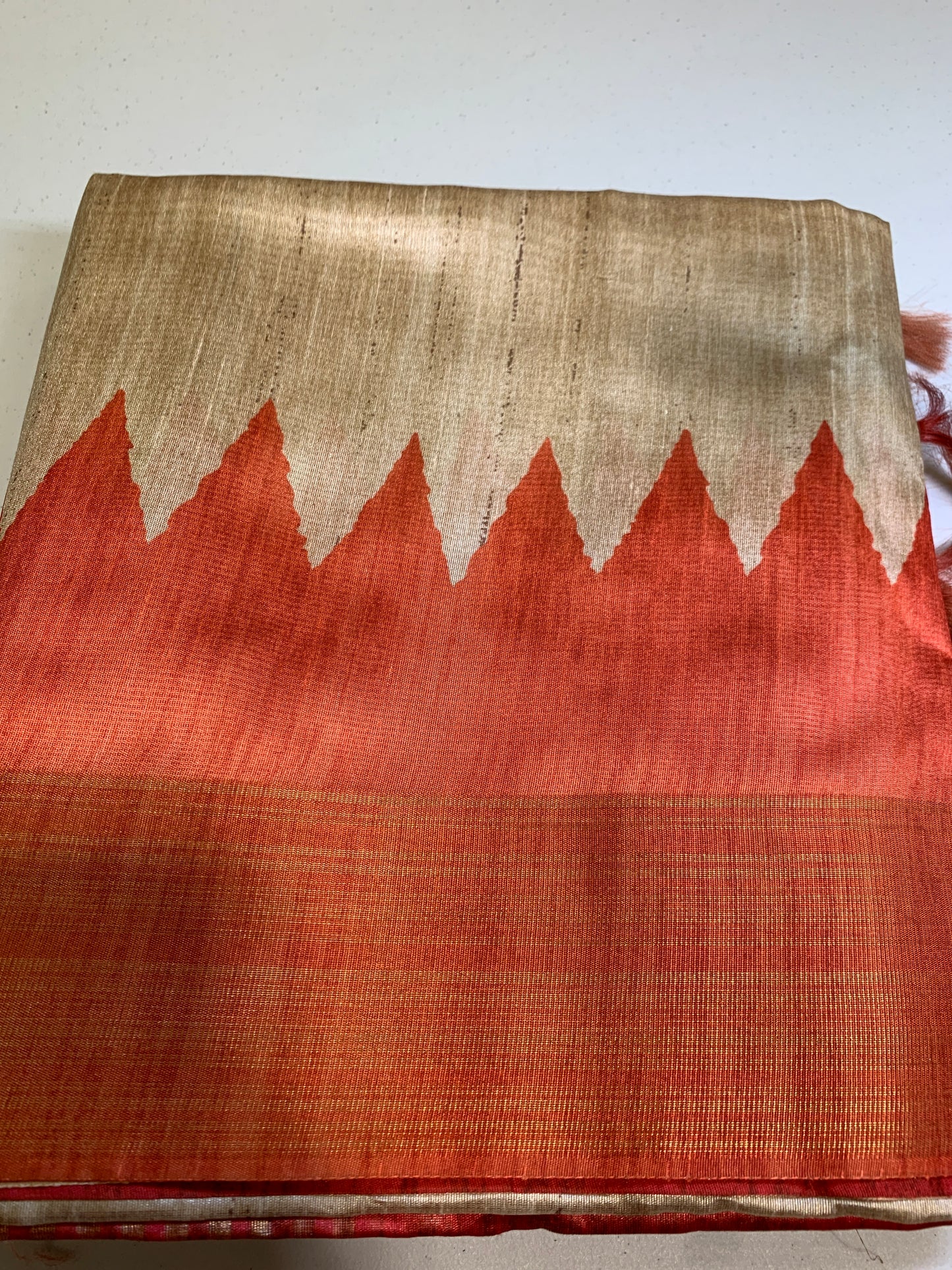 Golden orange and red shaded semi tussar saree- unstitched blouse