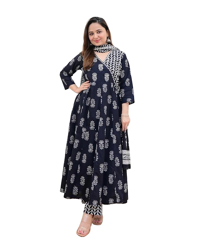 Women Block Printed Anagarakha Kurta Set with Dupatta