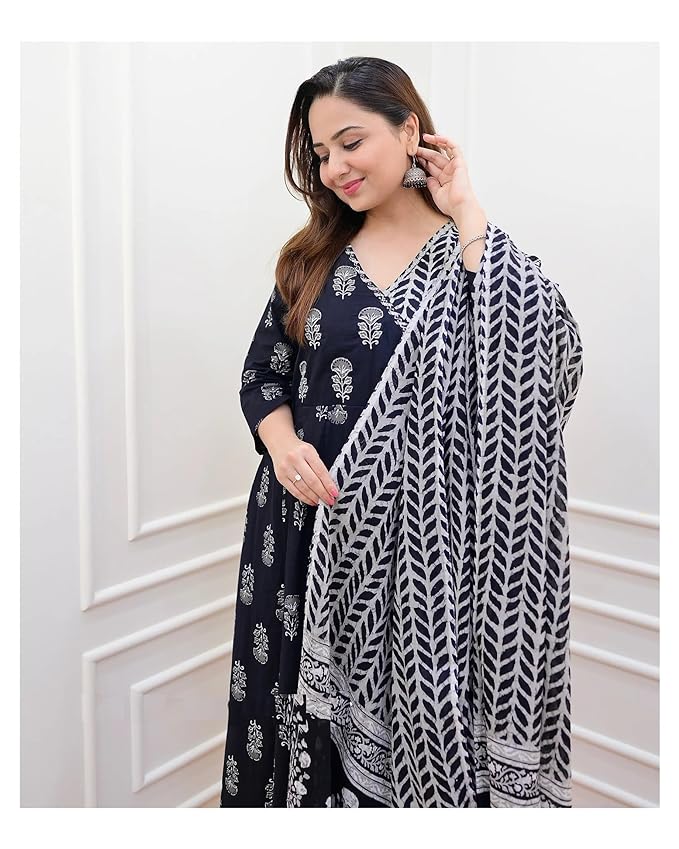 Women Block Printed Anagarakha Kurta Set with Dupatta